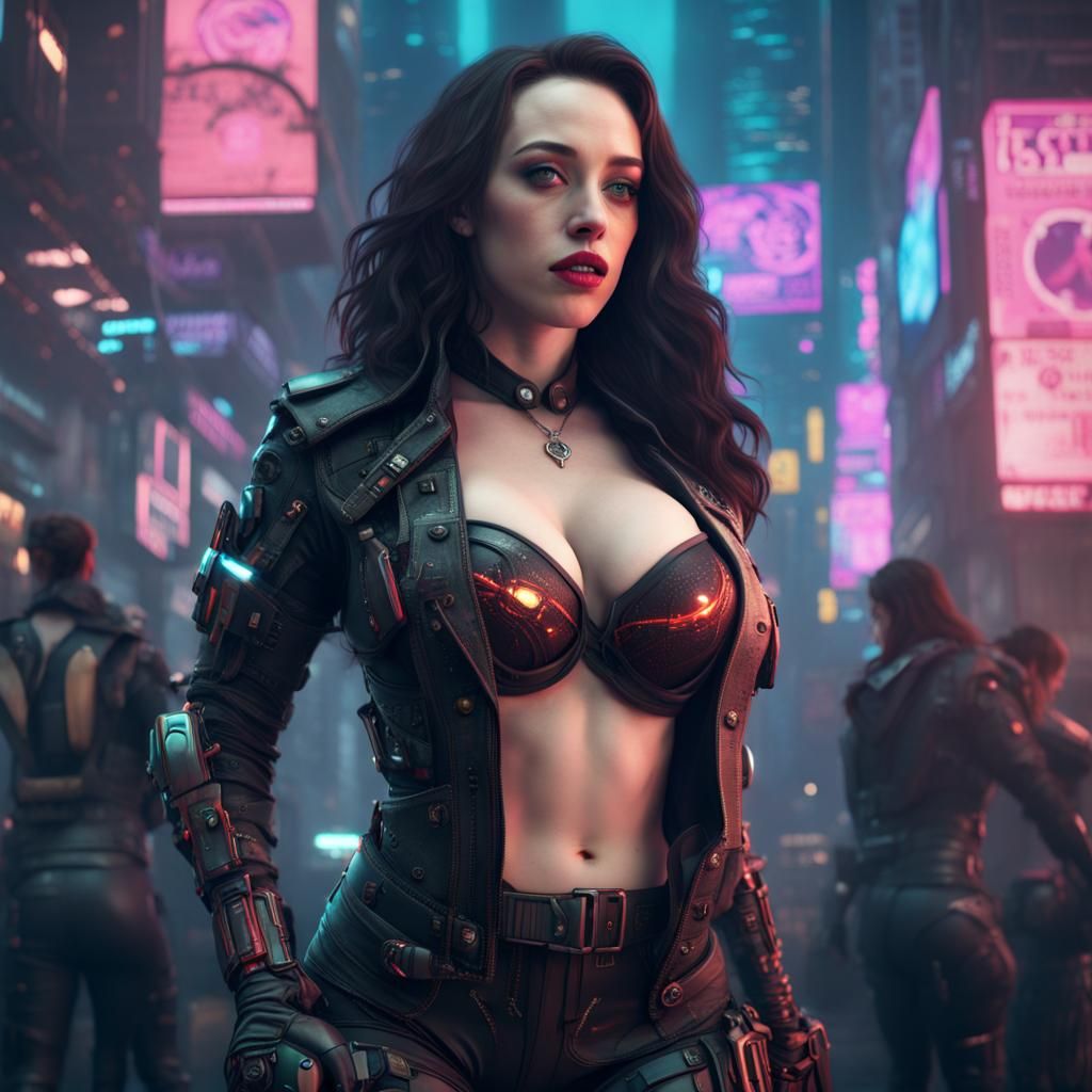Kat Dennings in Cyberpunk Outfit: Detailed Digital Art