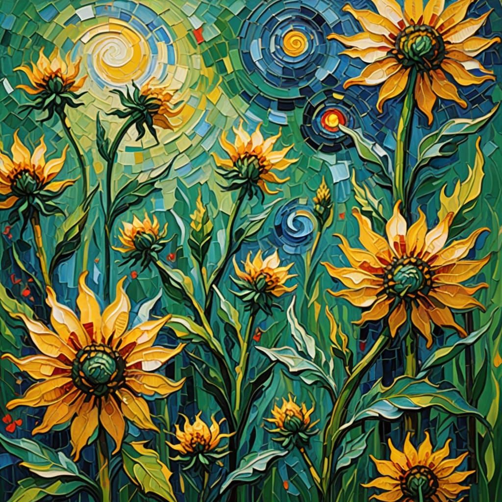 Vibrant Neo-Impressionist Oil Painting of Cannabis Spiral