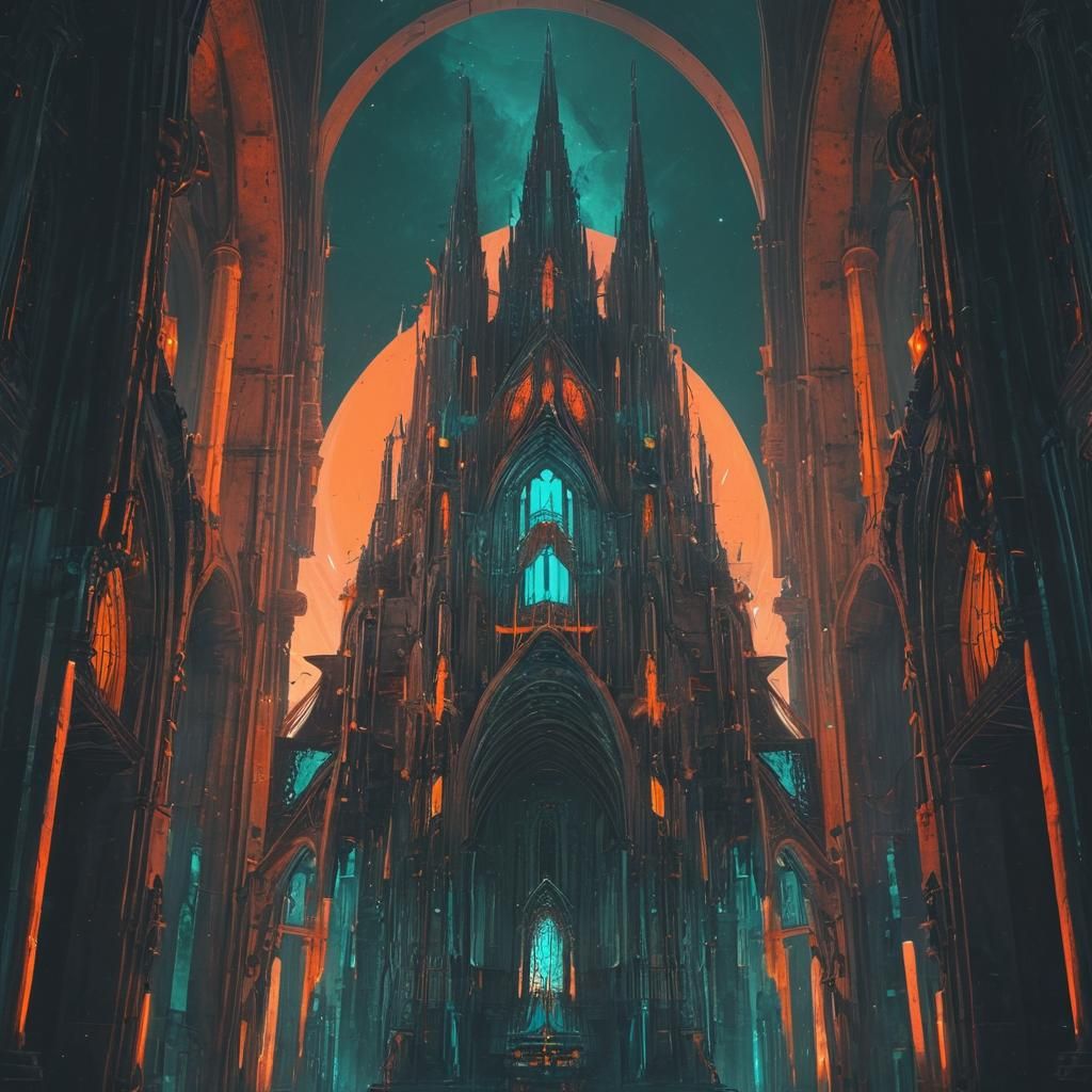 Futuristic Glitched Gothic Cathedral Spaceship in Teal and O...