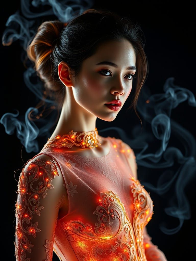 Surreal Fashion Goddess in Ethereal Flames
