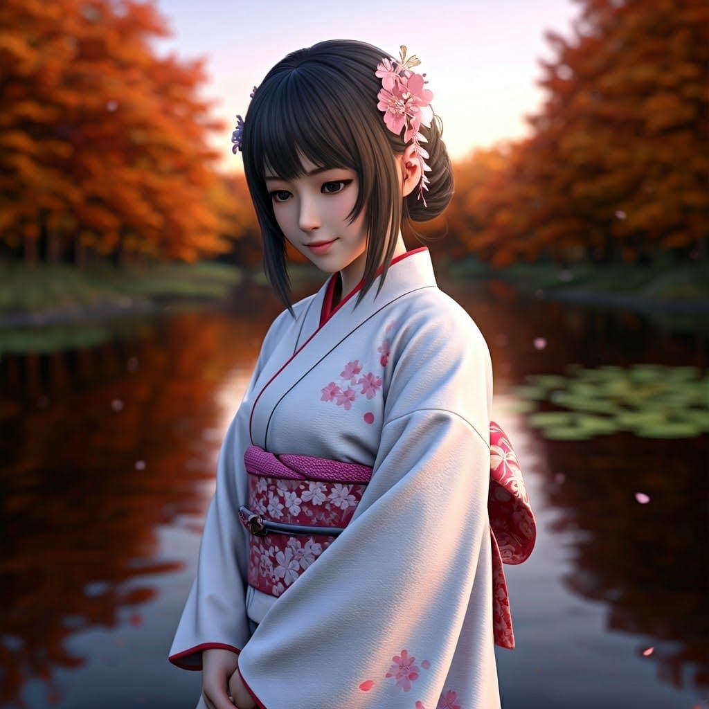 Ethereal Dreamscape - Serene Japanese Woman at Sunset