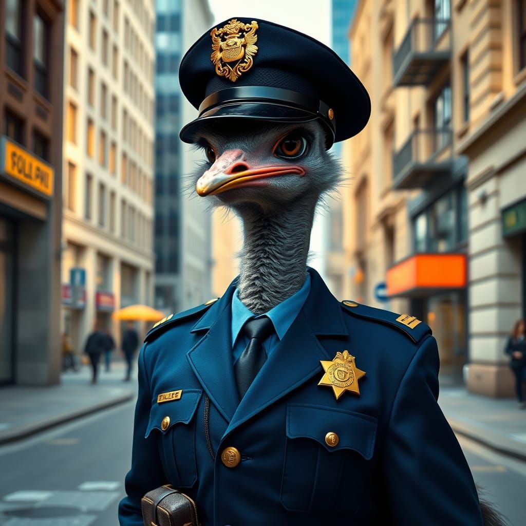 Surreal Ostrich in Futuristic Policeman's Uniform, Urban Cit...