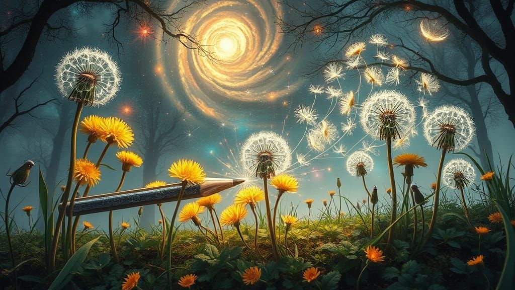 Silver Pencil Transforms Into Dandelions in Mystical Forest