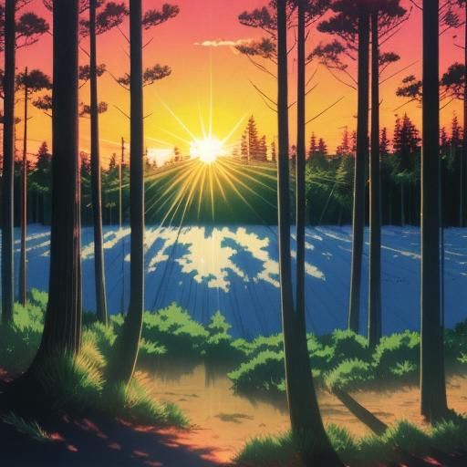 Sunrise Forest Beach in Anime Style