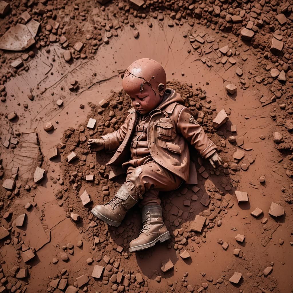 photo dramatic (red mud baby statue:1.3) (crushed under:1.4) military (boots:1.2). (Juice and fragments:1.2...