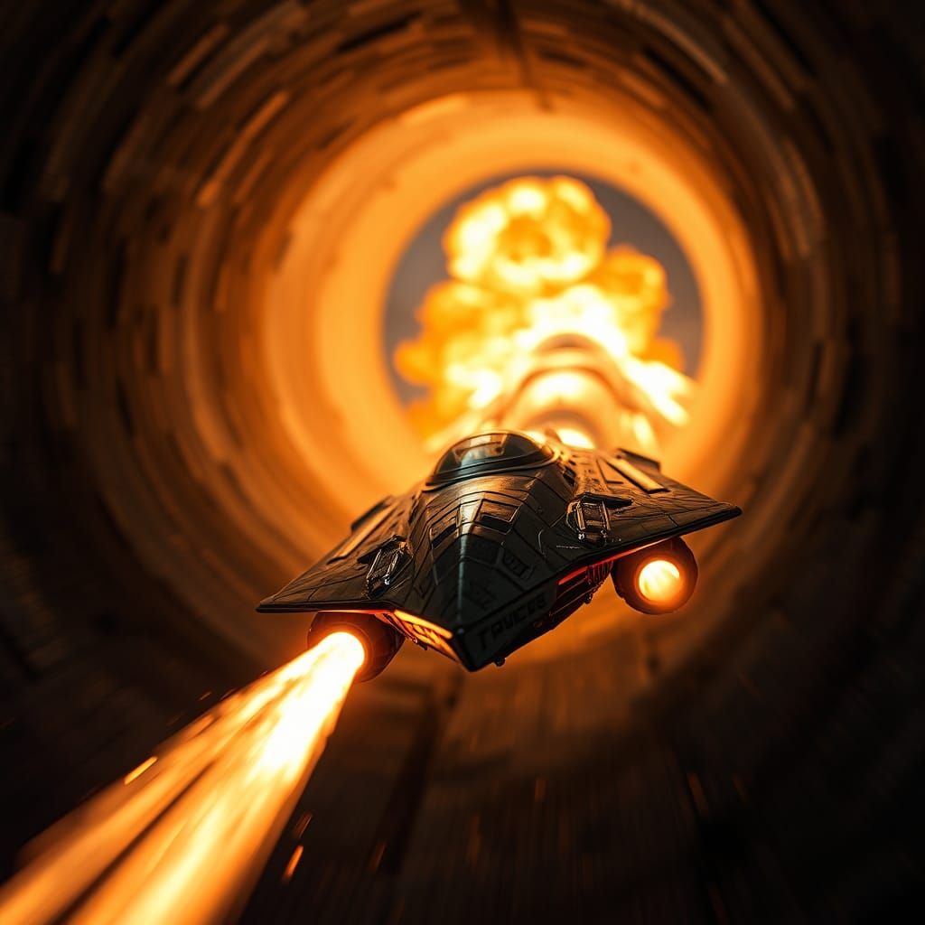Spacecraft Escaping Fiery Tunnel in Industrial Futurism
