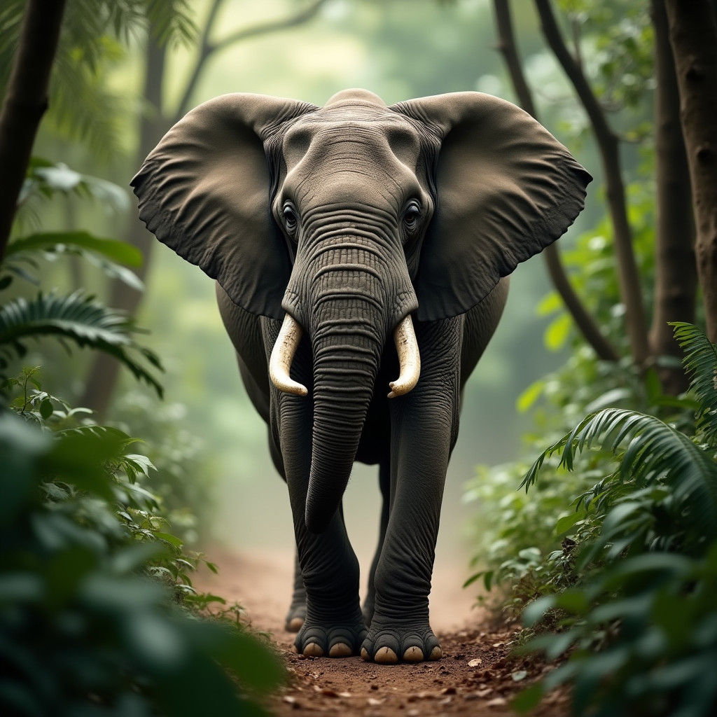 Elephant Charging Through Jungle: Wildlife Photography