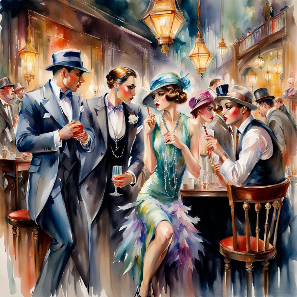1920s Speakeasy: Gangsters and Flappers in Watercolor