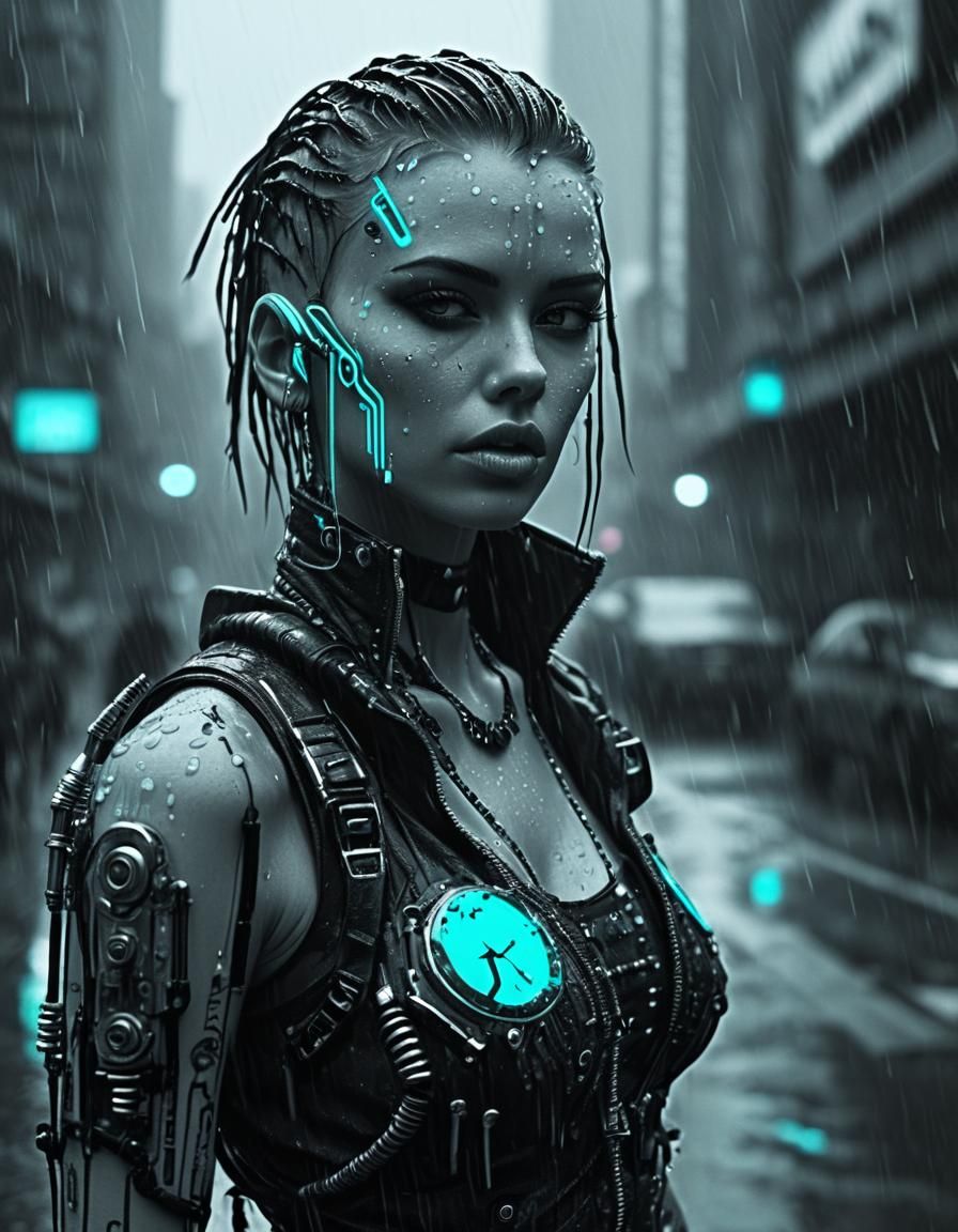 Cyberpunk Girl with Cyan Accents in Selective Color Art