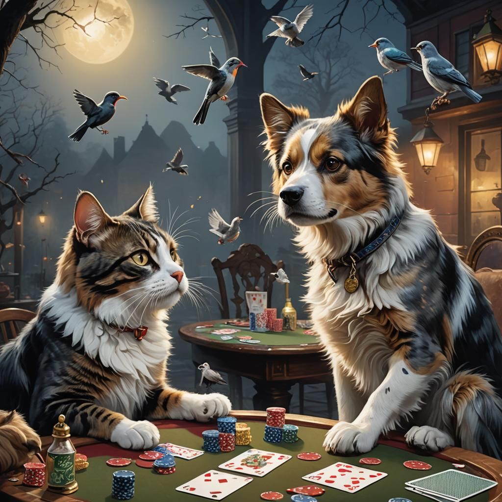 Hyperrealistic Dog and Cat Poker Game at Night