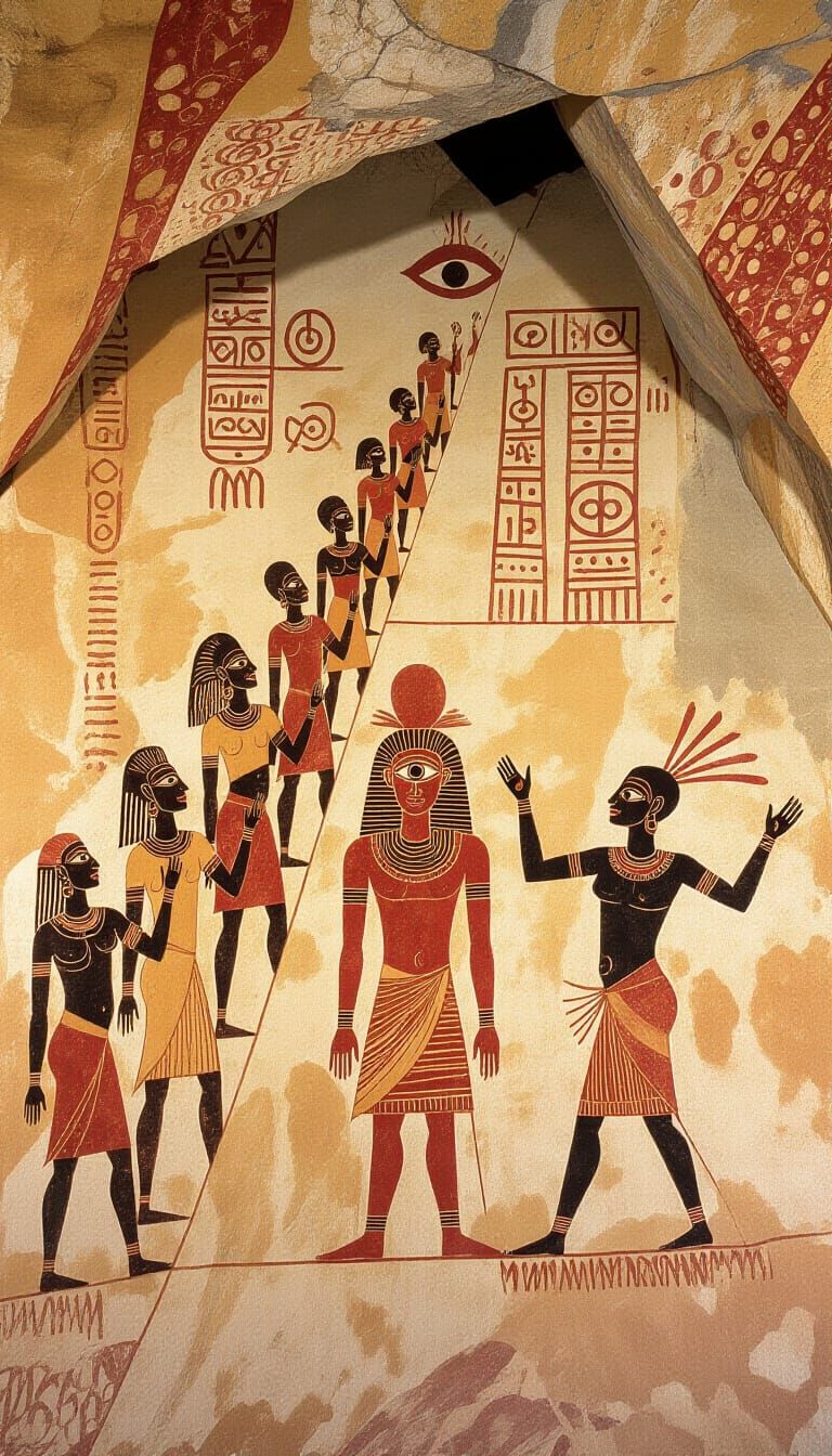 Ancient Cave Art of Mystical Procession in Earthy Tones
