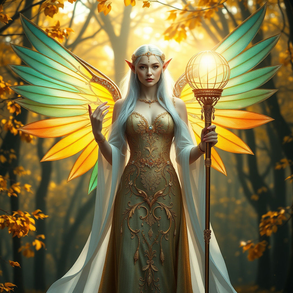 Ethereal Elf in Enchanted Autumn Forest with Wings