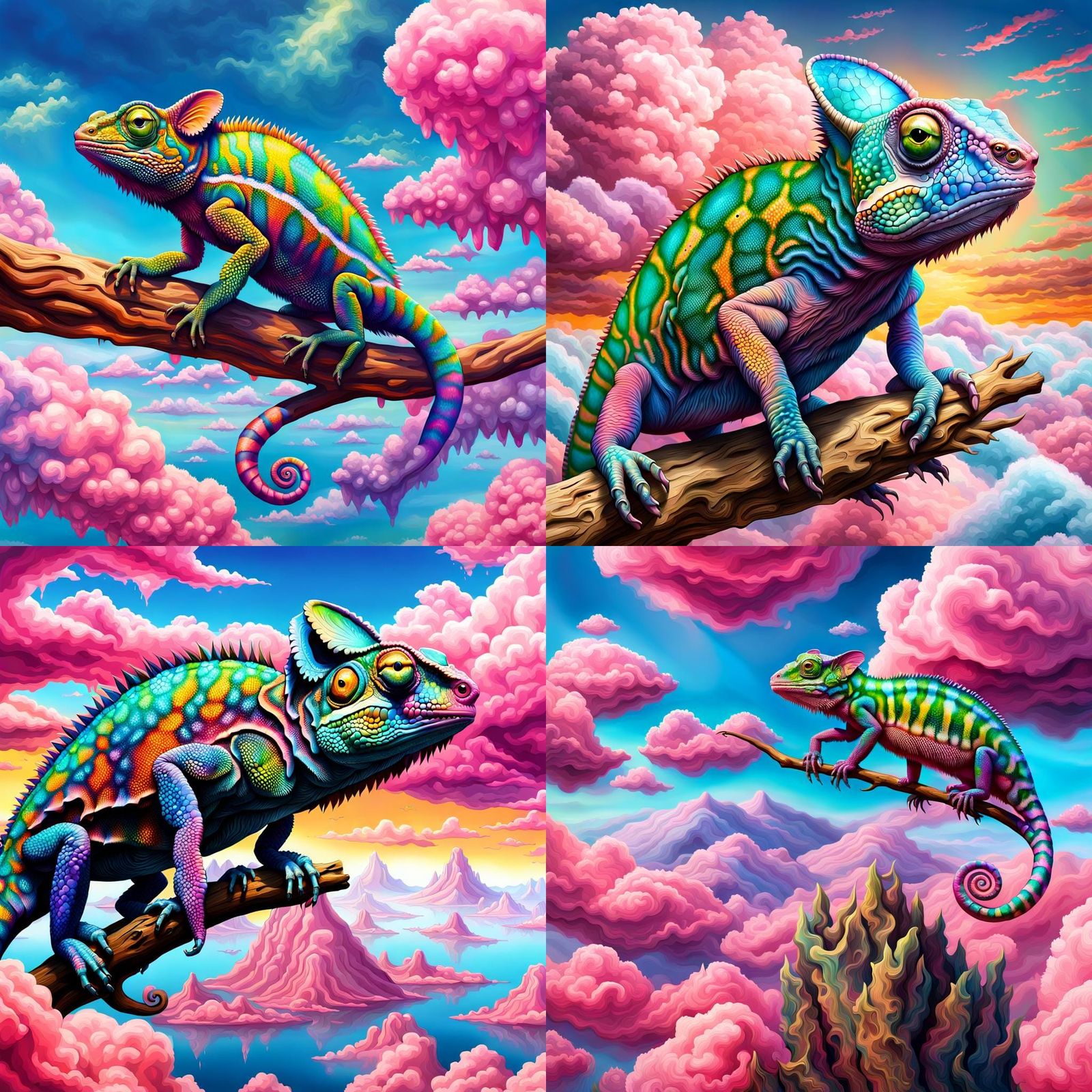 Surreal Chameleon Floating in Cotton Candy Clouds