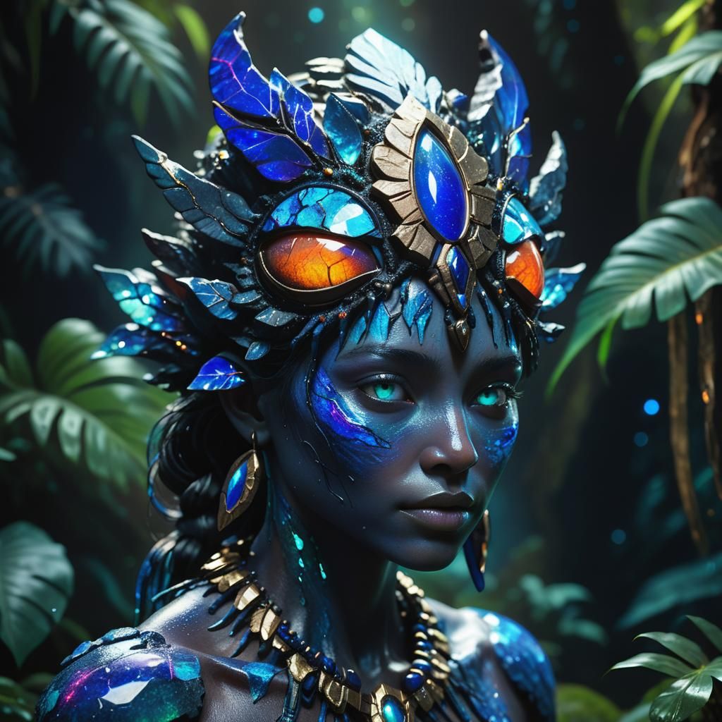 Ethereal Amazonian Guardian in Lush Tropical Landscape