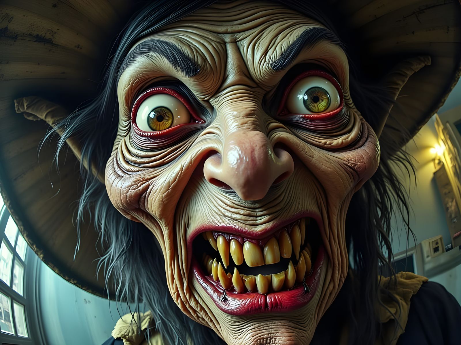 Grotesque Witch's Face in Distorted Fisheye Perspective