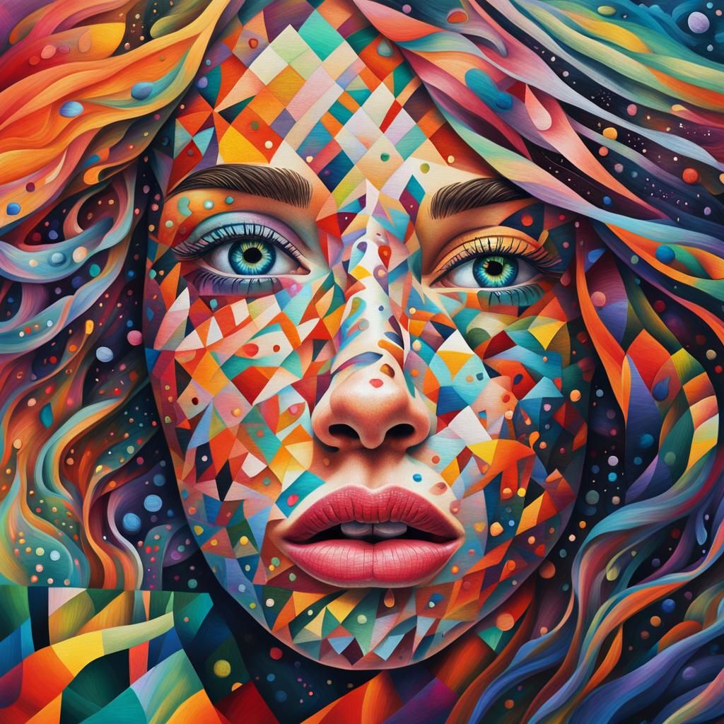 Surreal Woman's Face with Rainbow Patterns as Oil Painting