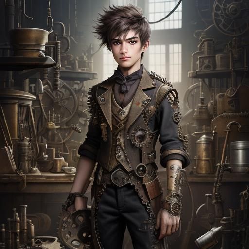 Steampunk Engineer Boy in Workshop Scene