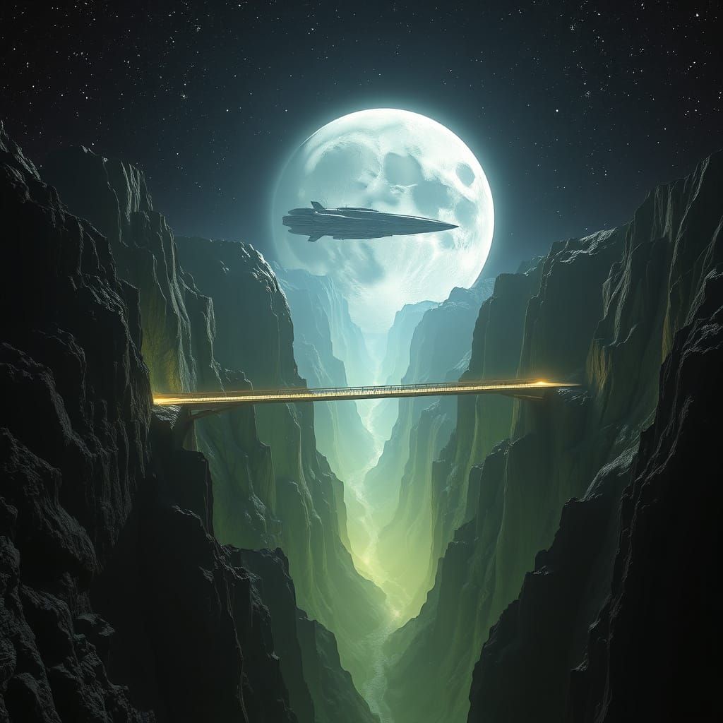 Lunar Bridge Crossing in a Futuristic, Glowing Landscape