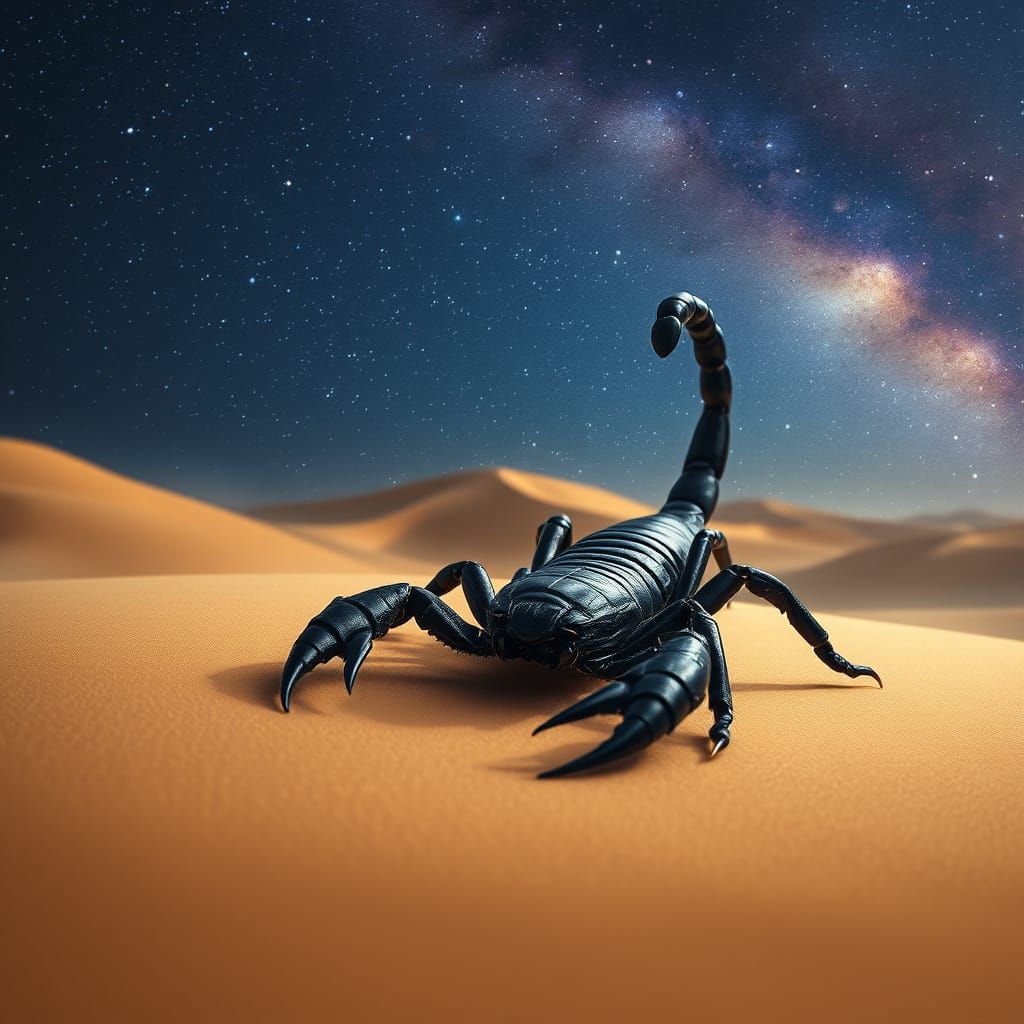 Black Scorpion Close-Up Under Starry Desert Sky