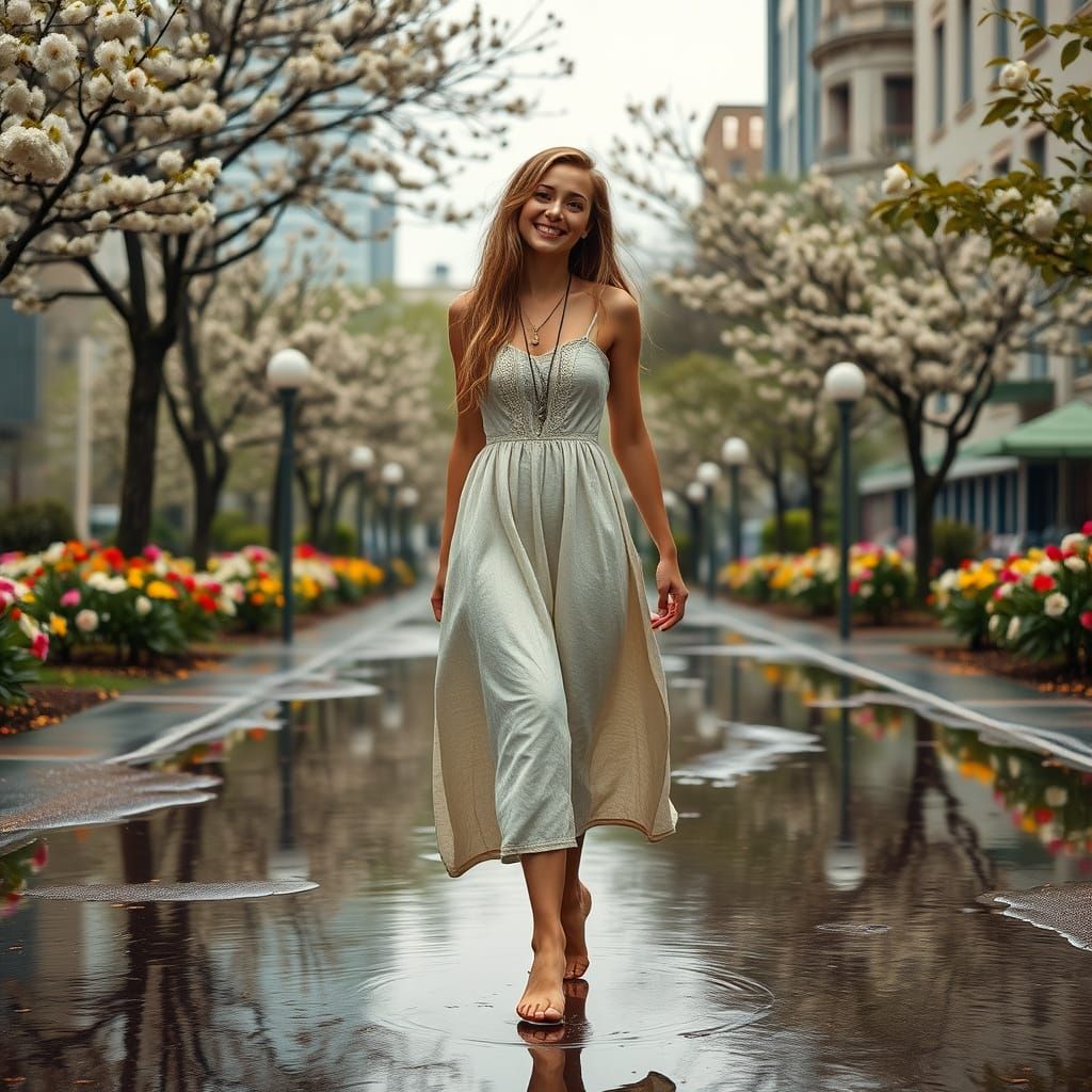 Steampunk Woman Walks in Rainy Urban Park