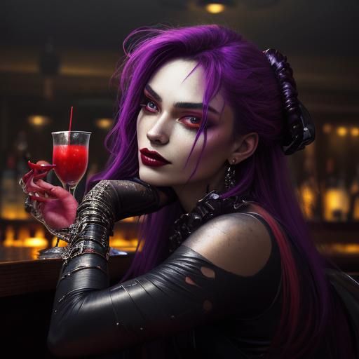 Ethereal Woman in Deep Purple, Sipping a Red Martini