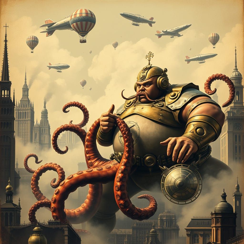 Steampunk Sumo Wrestler Battles Mechanical Octopus in Victor...