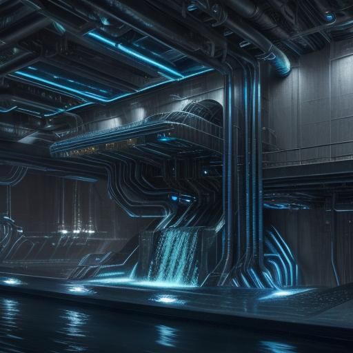 Surreal Metallic Sculpture with Flowing Water