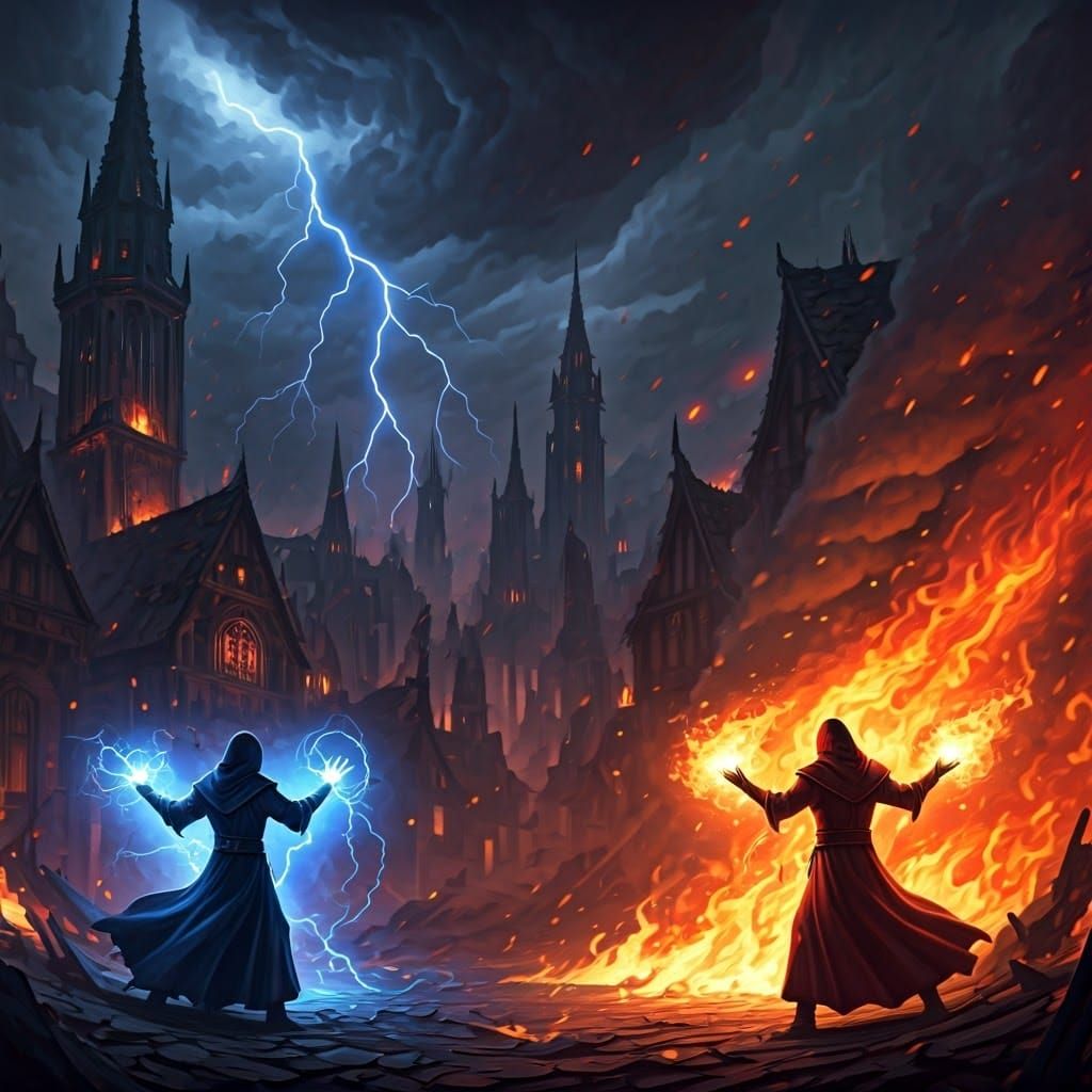 Wizards Clash in Burning City, Dark Fantasy Art