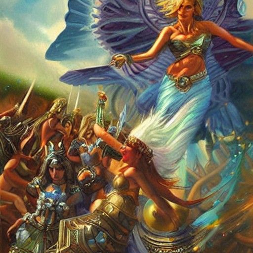 Goddess Battle in Forbidden Realm as Oil Painting