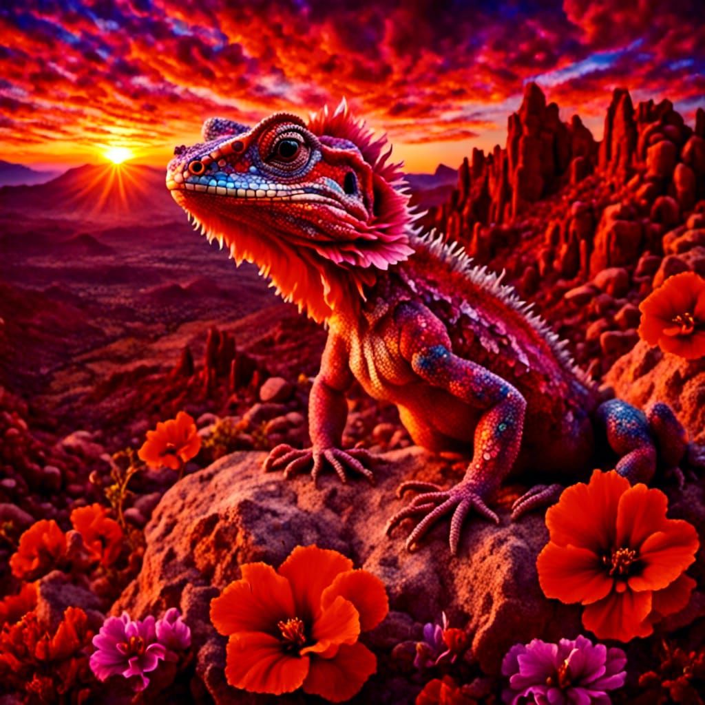 Red Lizard Sunning on Rocks, Hyperrealistic Airbrush Art