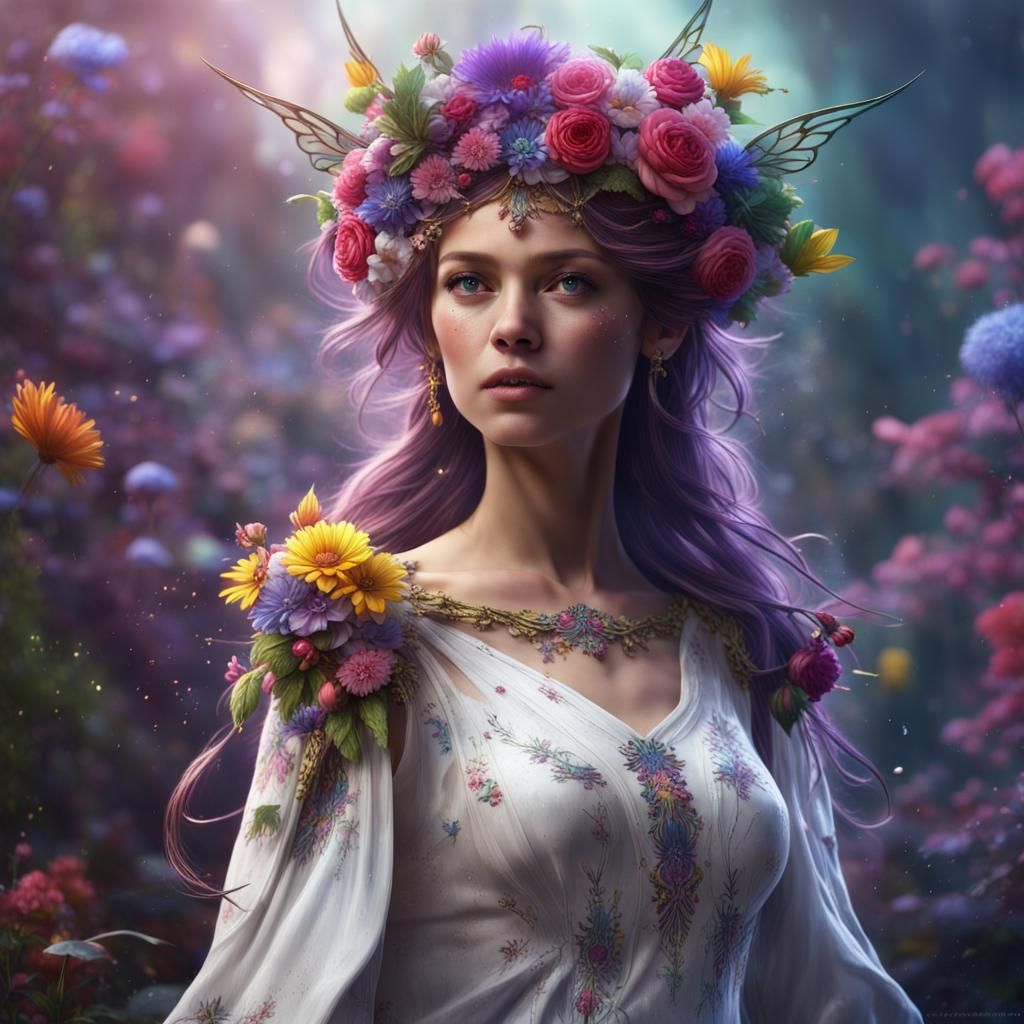 Colorful Fairy with Flower Headpiece in Detailed Painting