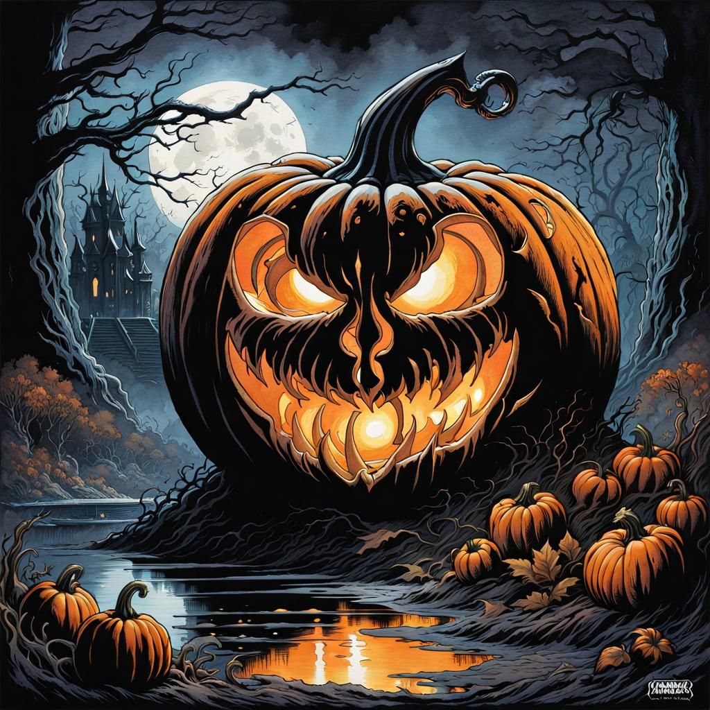 Evil Alien Pumpkin Carving in Watercolor Comic Style