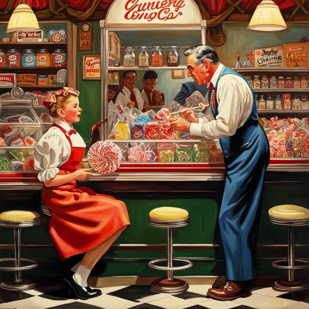 Nostalgic Candy Shop Scene in Rockwell Style
