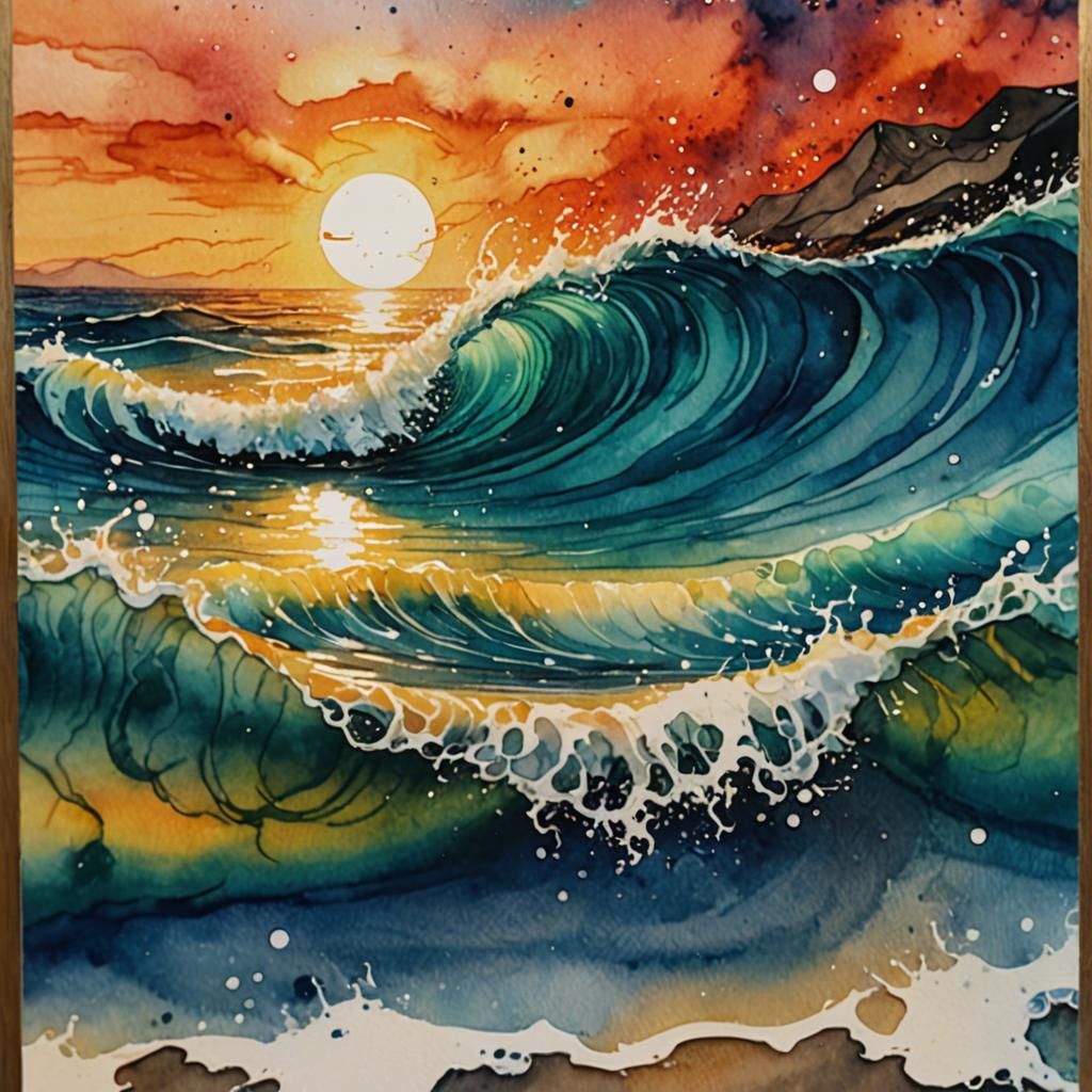 Contemporary Ocean Wave at Sunset with Magical Runes