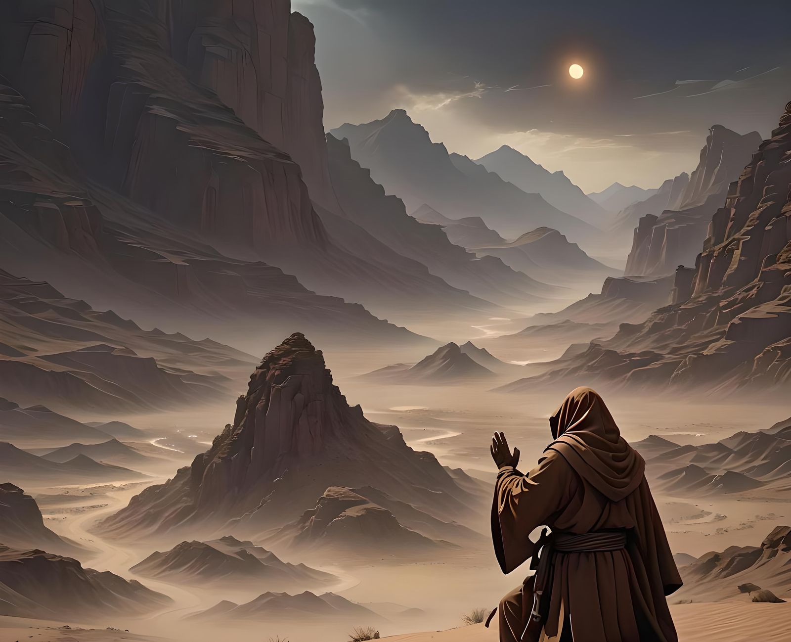 a desert monk is praying in the wilderness