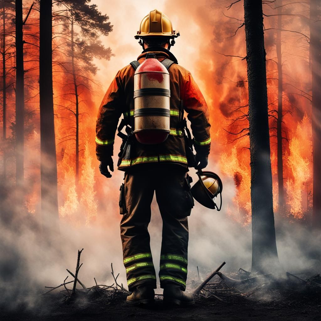 Firefighter Double Exposure Against Blazing Forest