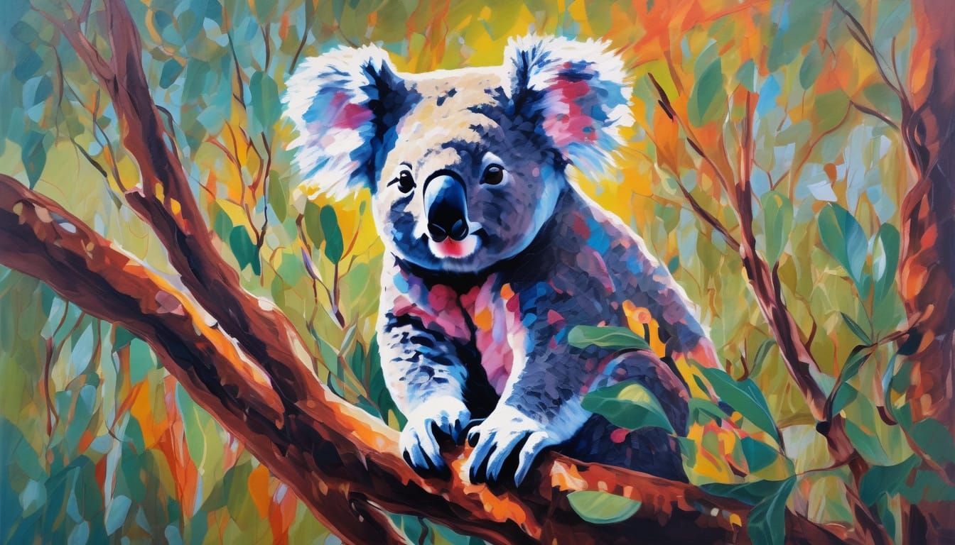 A Koala in an Australian Impressionist Gum Tree