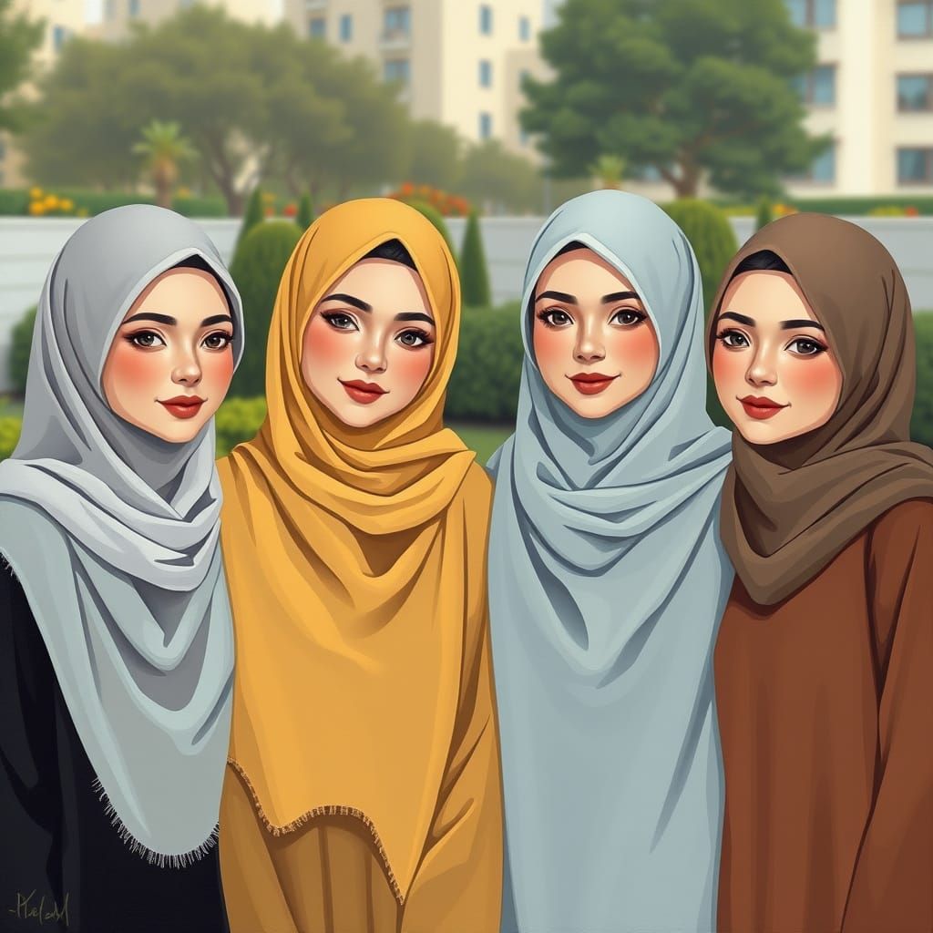Four Hijabi Friends in Minimalist Painting Style