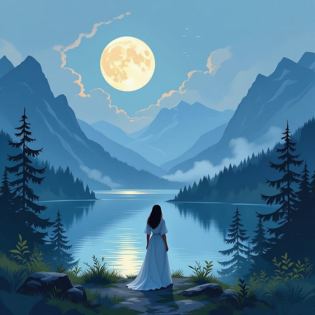 Moonlit Mountain Serenity in Landscape Painting Style