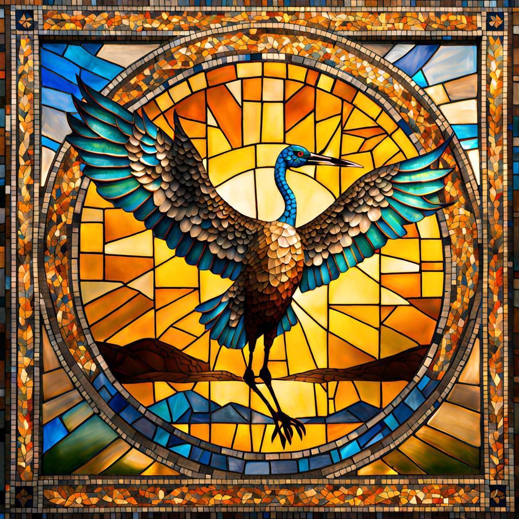 Mosaic Crane Spreads Wings in Golden Light
