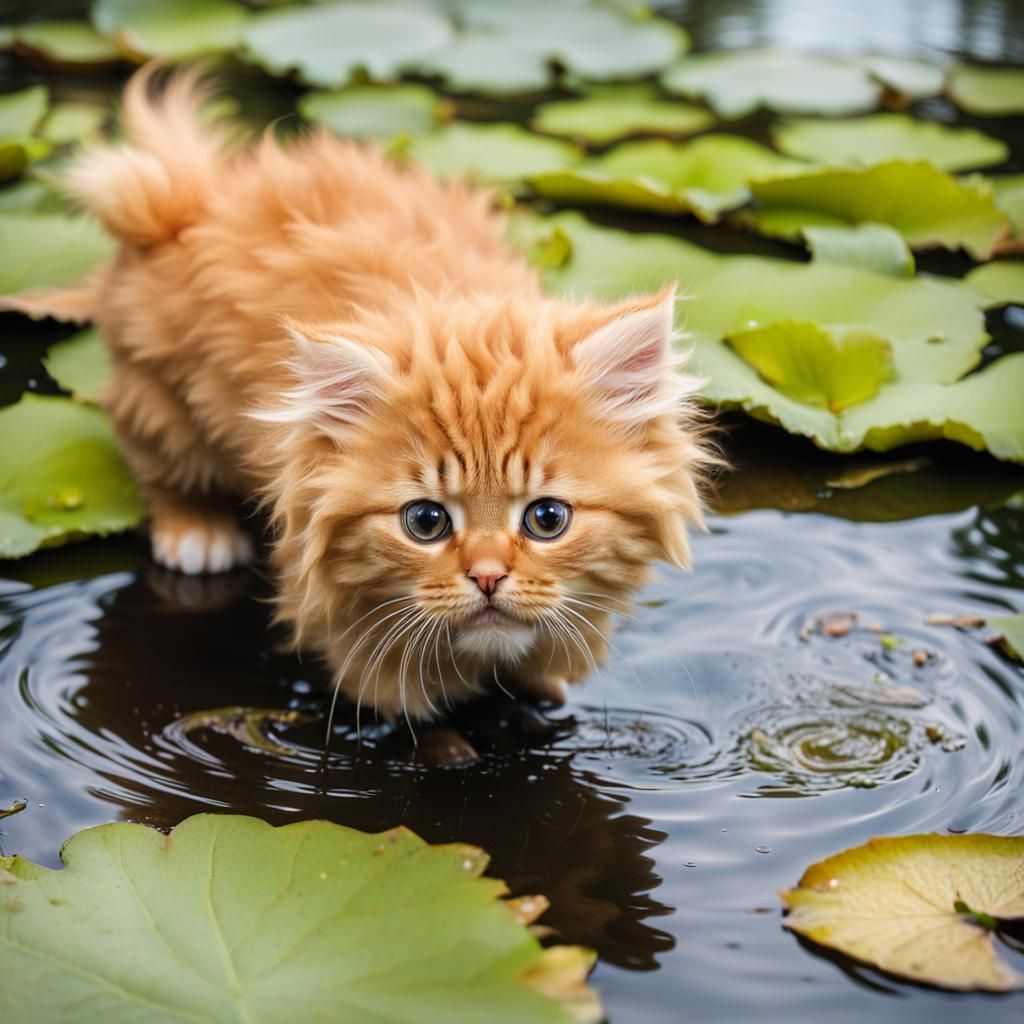Bedraggled Ginger Kitten Emerges from Pond