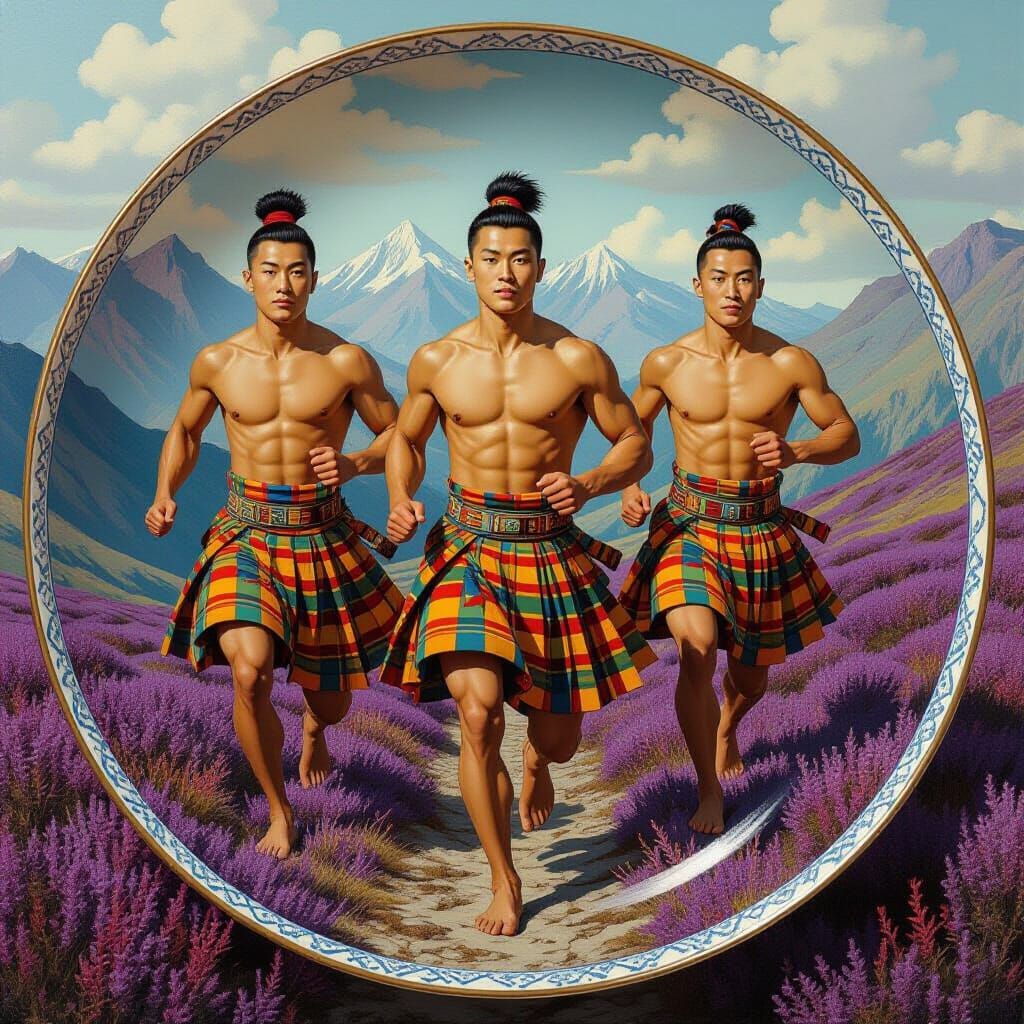 Scottish Runners in Highland Landscape: Porcelain Art
