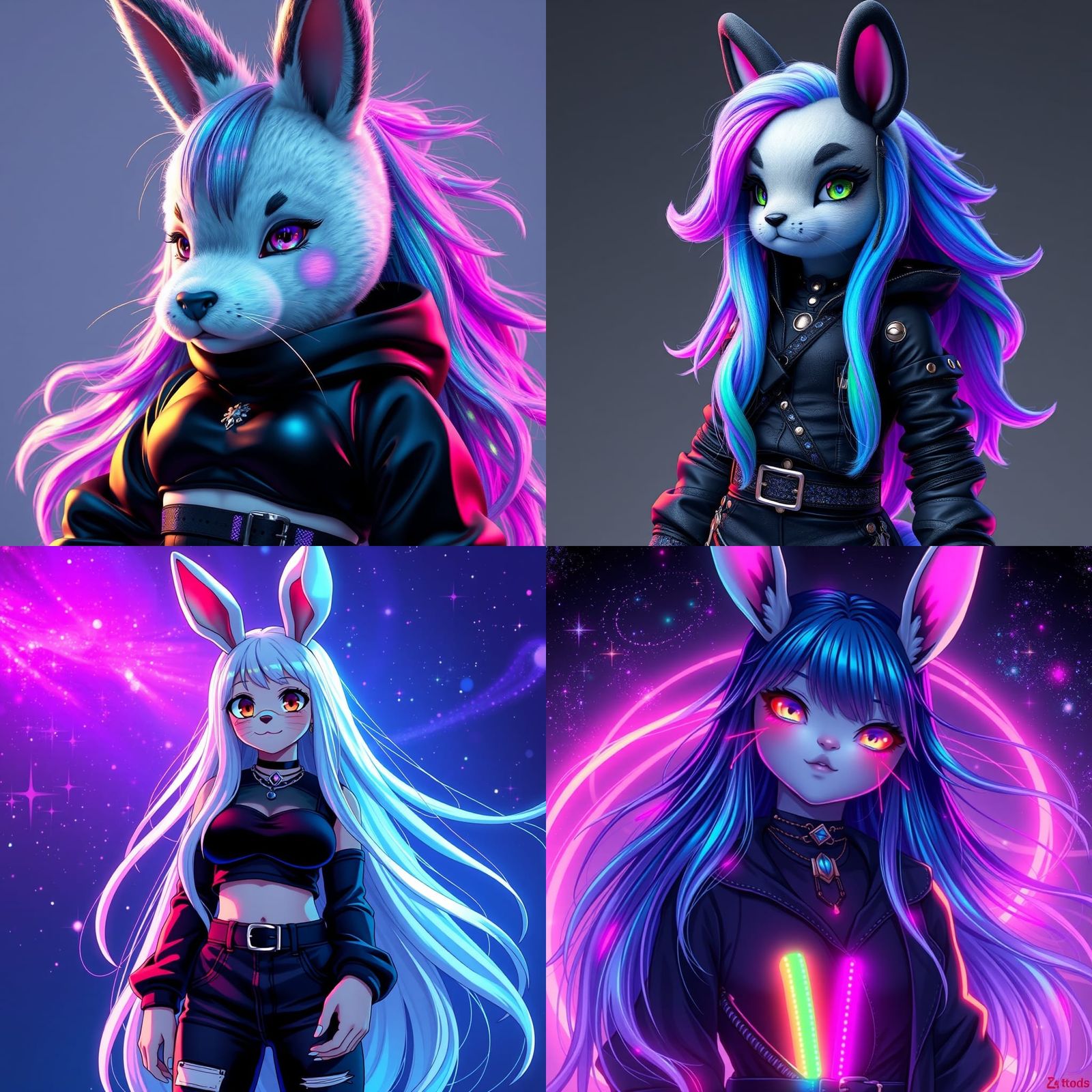 Anime Furry Girl with Space Hair in 90s Style