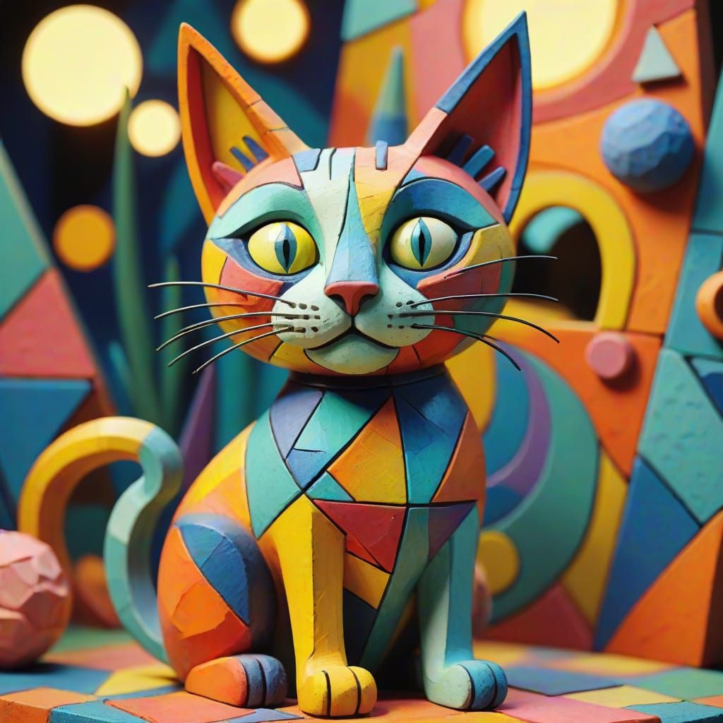 Fabulous Cat Sculpture in Cubist Claymation Style