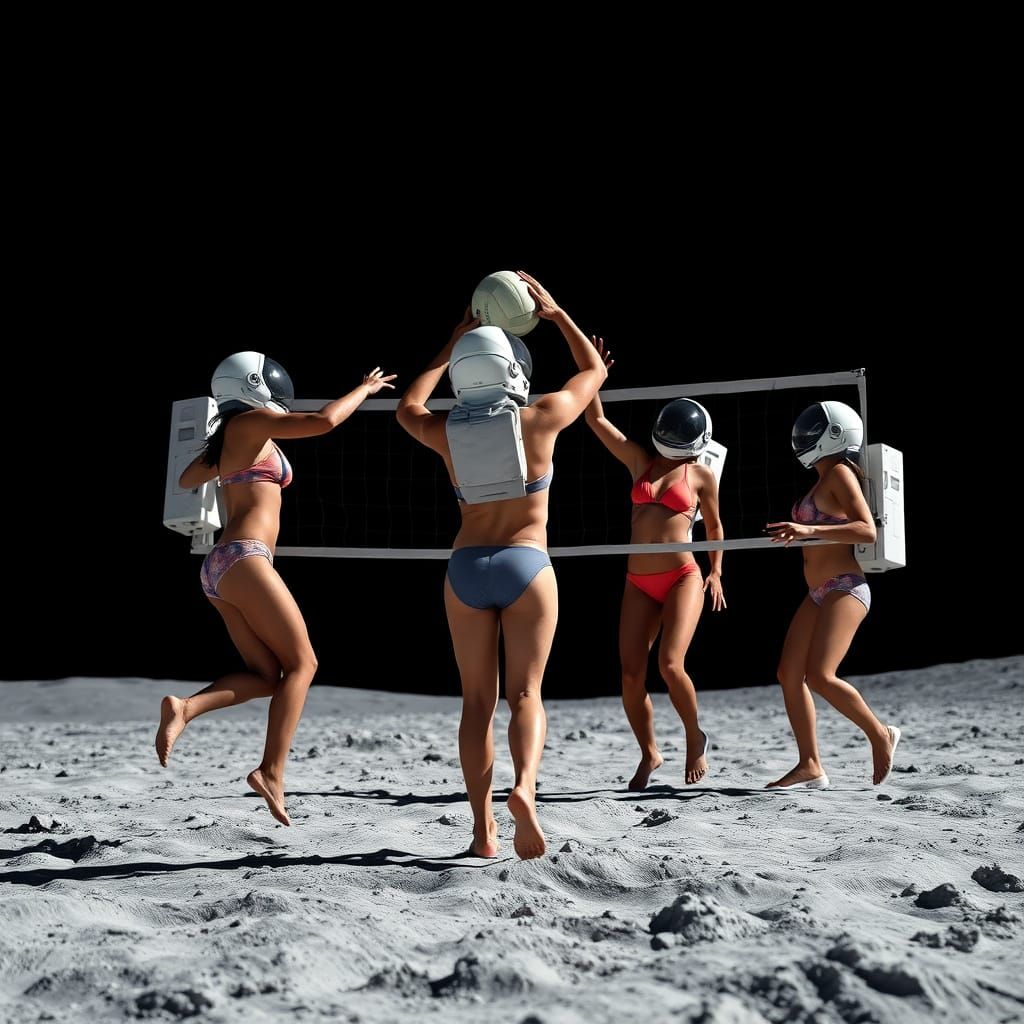 Astronauts Play Volleyball on the Moon in Vibrant Summer Att...