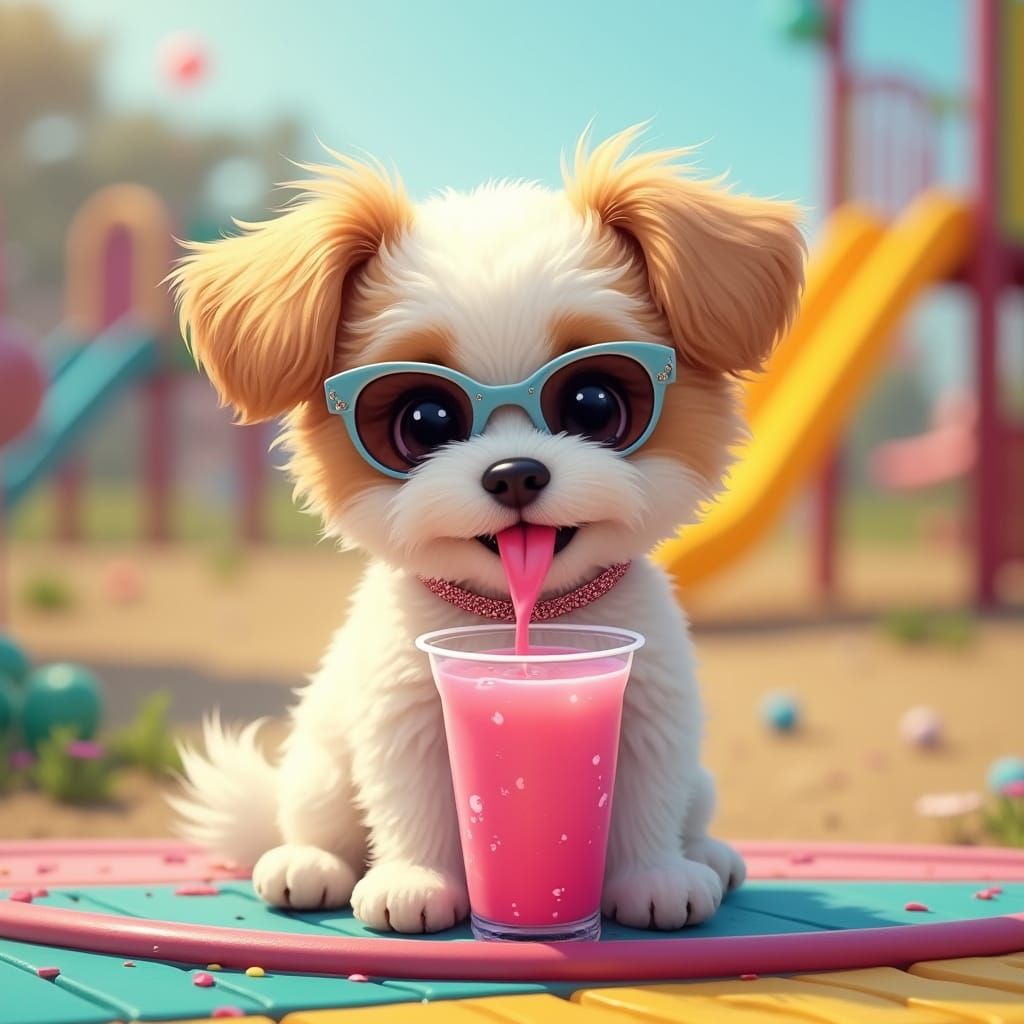 Whimsical Fluffy Dog Enjoys Pink Bubble Tea on a Colorful Pl...