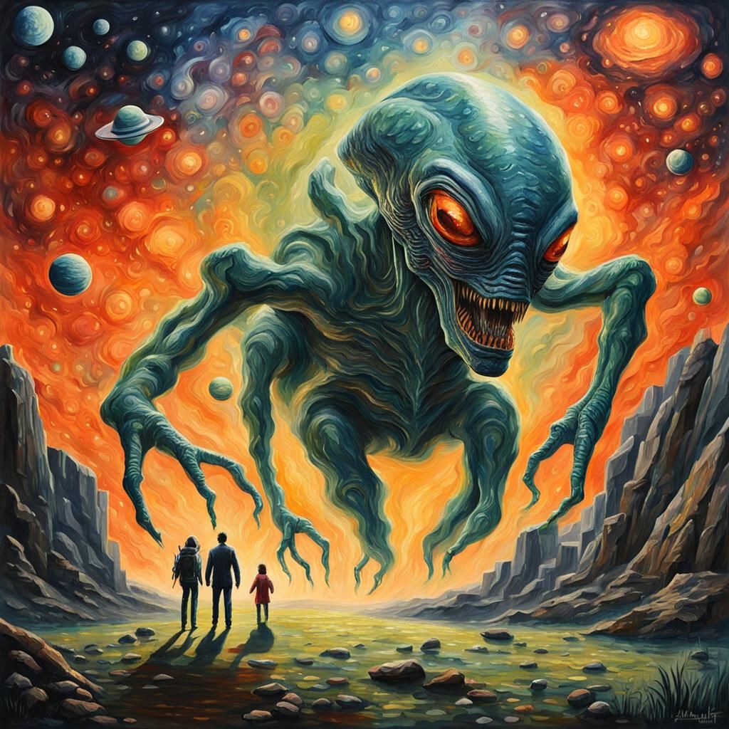 Alien Encounter: An Impressionistic Gouache Masterpiece