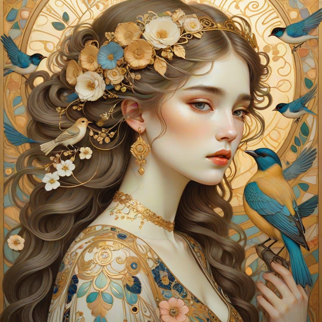 Gustav Klimt-Inspired Art Nouveau Girl with Songbirds
