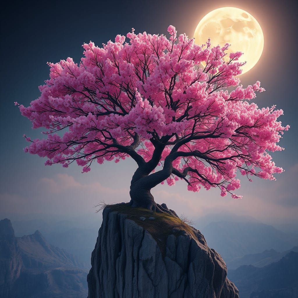 Majestic Pink-Blossomed Tree Under a Glowing Moon