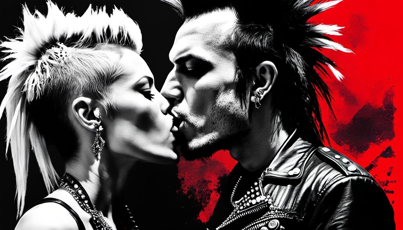 Punk Rock Couple's Passionate Glitch Art Embrace